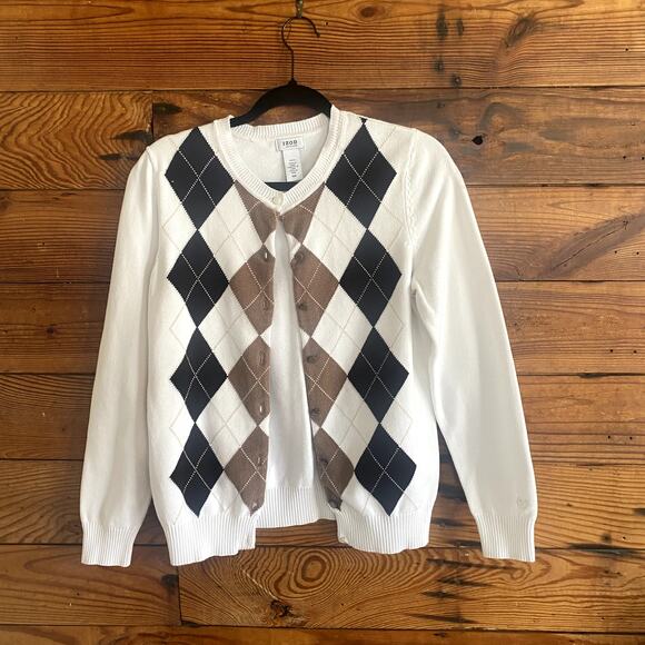 Izod Golf Classix white argylle sweater cardigan size Petite Small - Picture 1 of 6